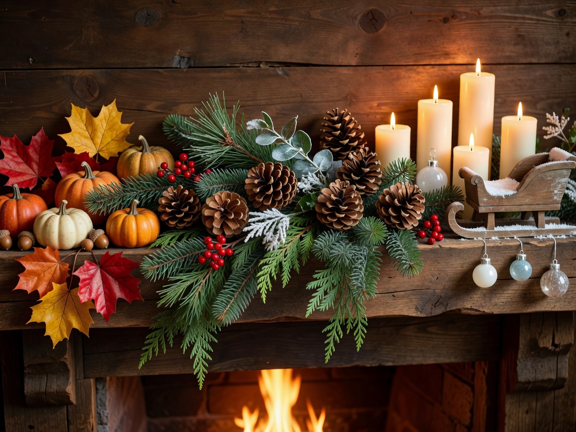 A collection of seasonal decorative items on a mantlepiece