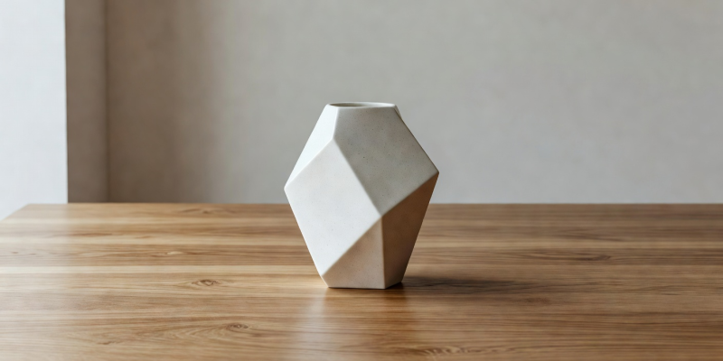 A single geometric ceramic vase sitting on an uncluttered wooden surface