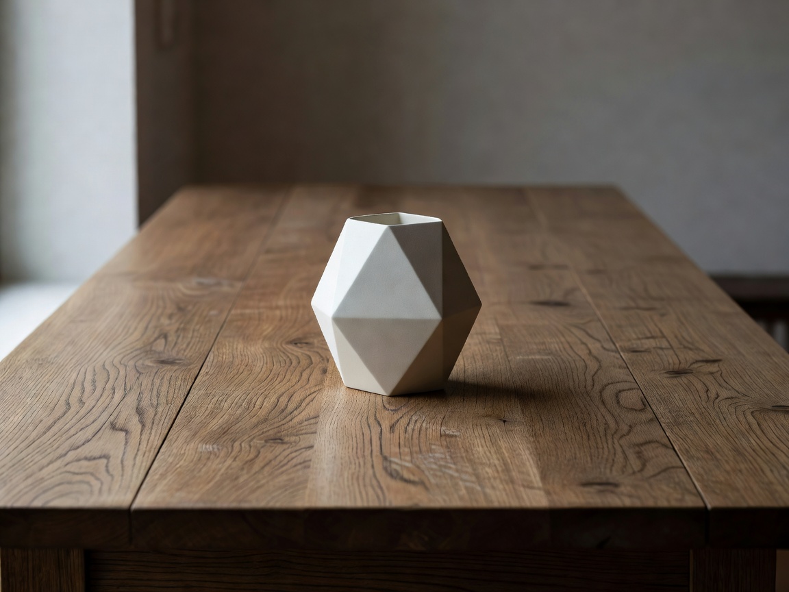 A single geometric vase sitting on an empty wooden table