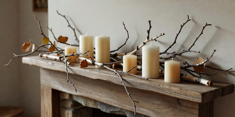 A subtle seasonal mantlepiece display with natural branches and candles