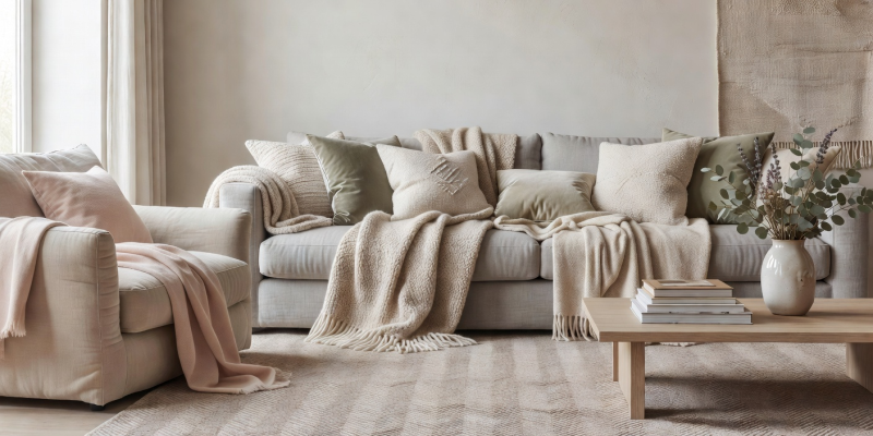 A well-lit, softly decorated modern living room showing layered textiles