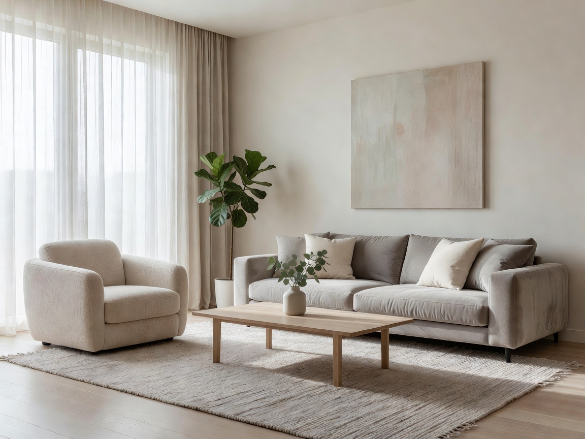 A well-lit, softly decorated modern living room