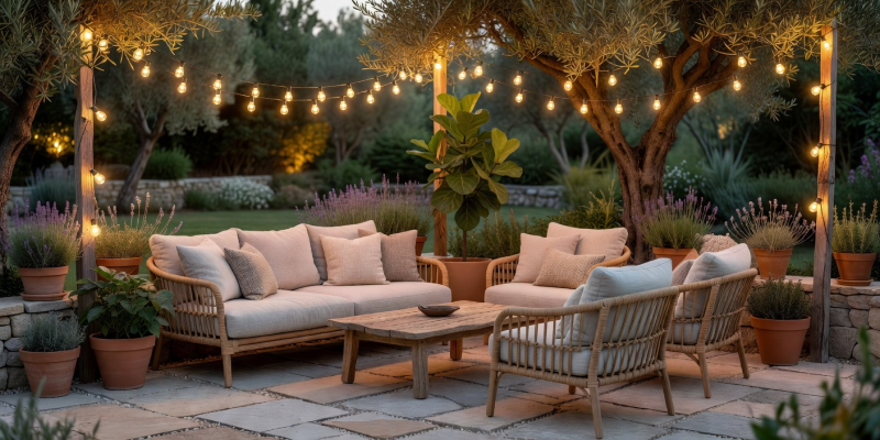 Beautifully styled outdoor patio with string lights and comfortable seating