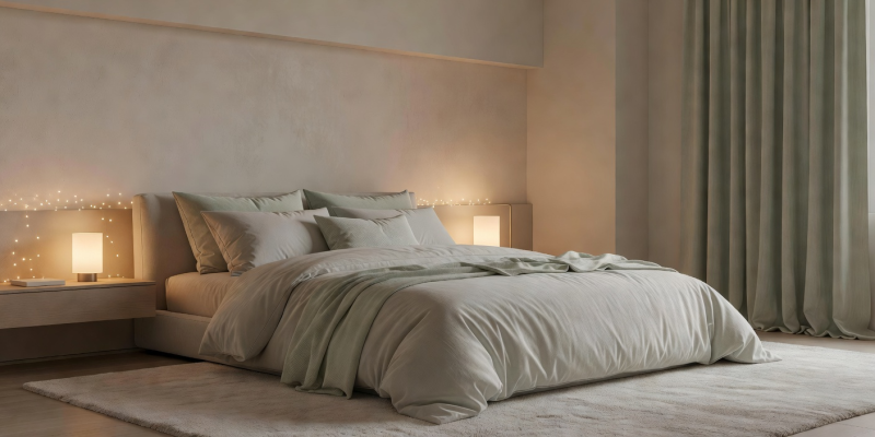 Calming bedroom design featuring soft linens and dim lighting