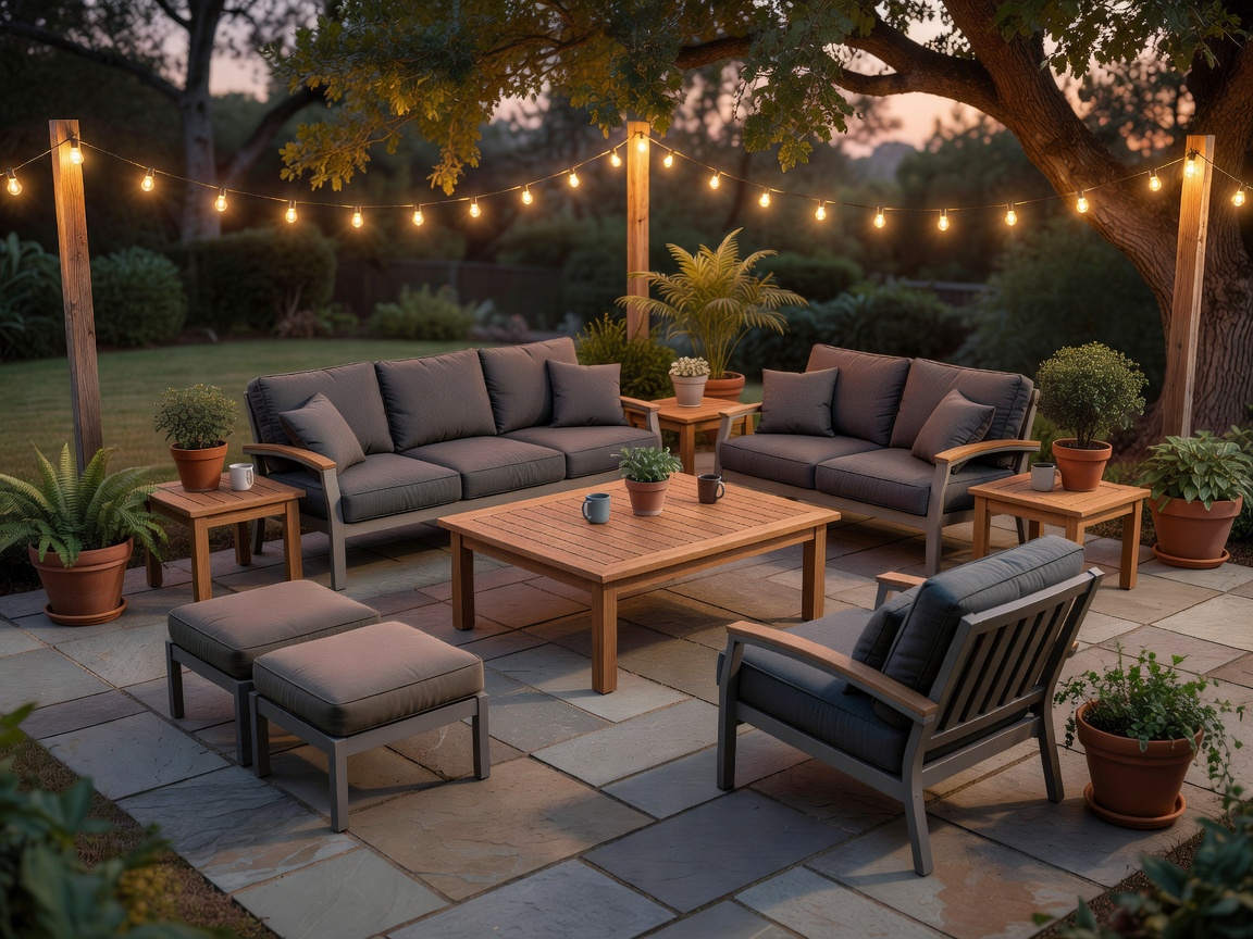 Patio setup with string lights and weather-resistant furniture